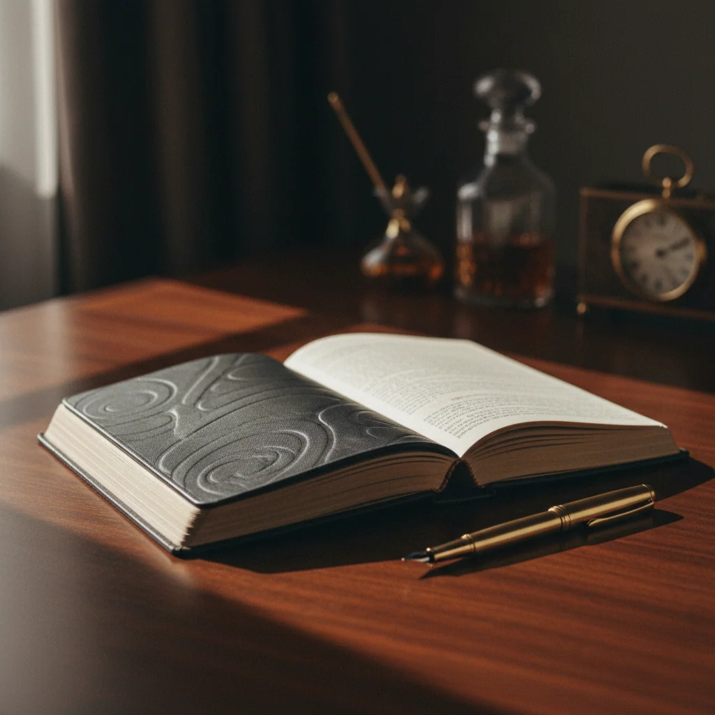 Opengeslagen leren notitieboek op een houten tafel bij een raam