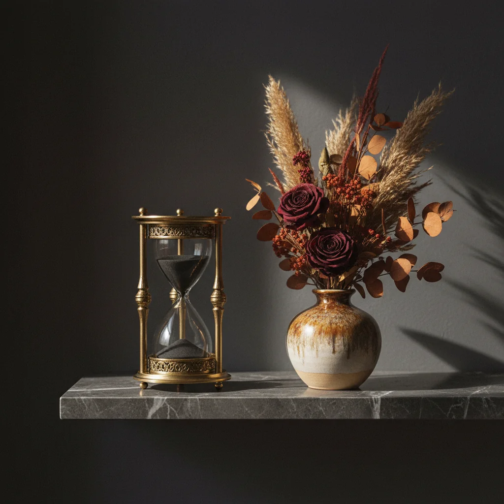 Vintage zandloper op een marmeren plank naast droogbloemen