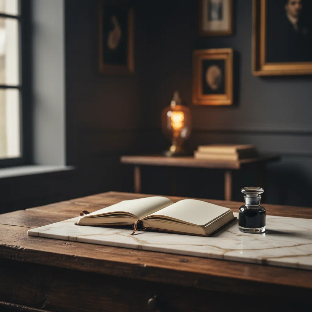 Een rustiek houten bureau met een opengeslagen notitieboek, een potje inkt en een marmeren onderlegger