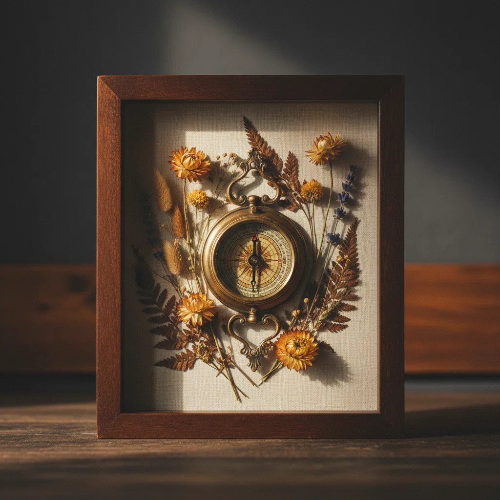 Een rustiek houten frame met een antiek kompas en droogbloemen op een crème linnen achtergrond