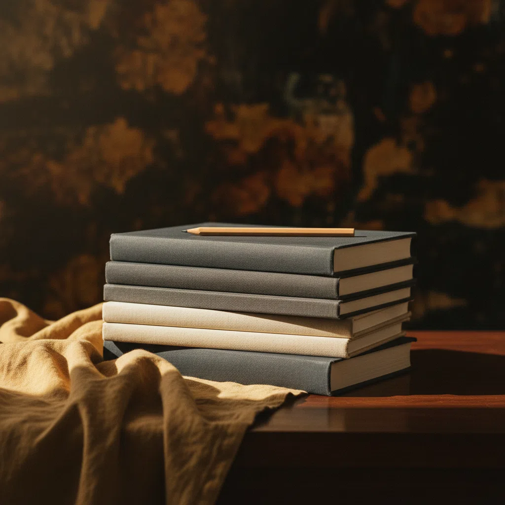 Stapel boeken en een houten potlood op een crème linnen doek bij daglicht