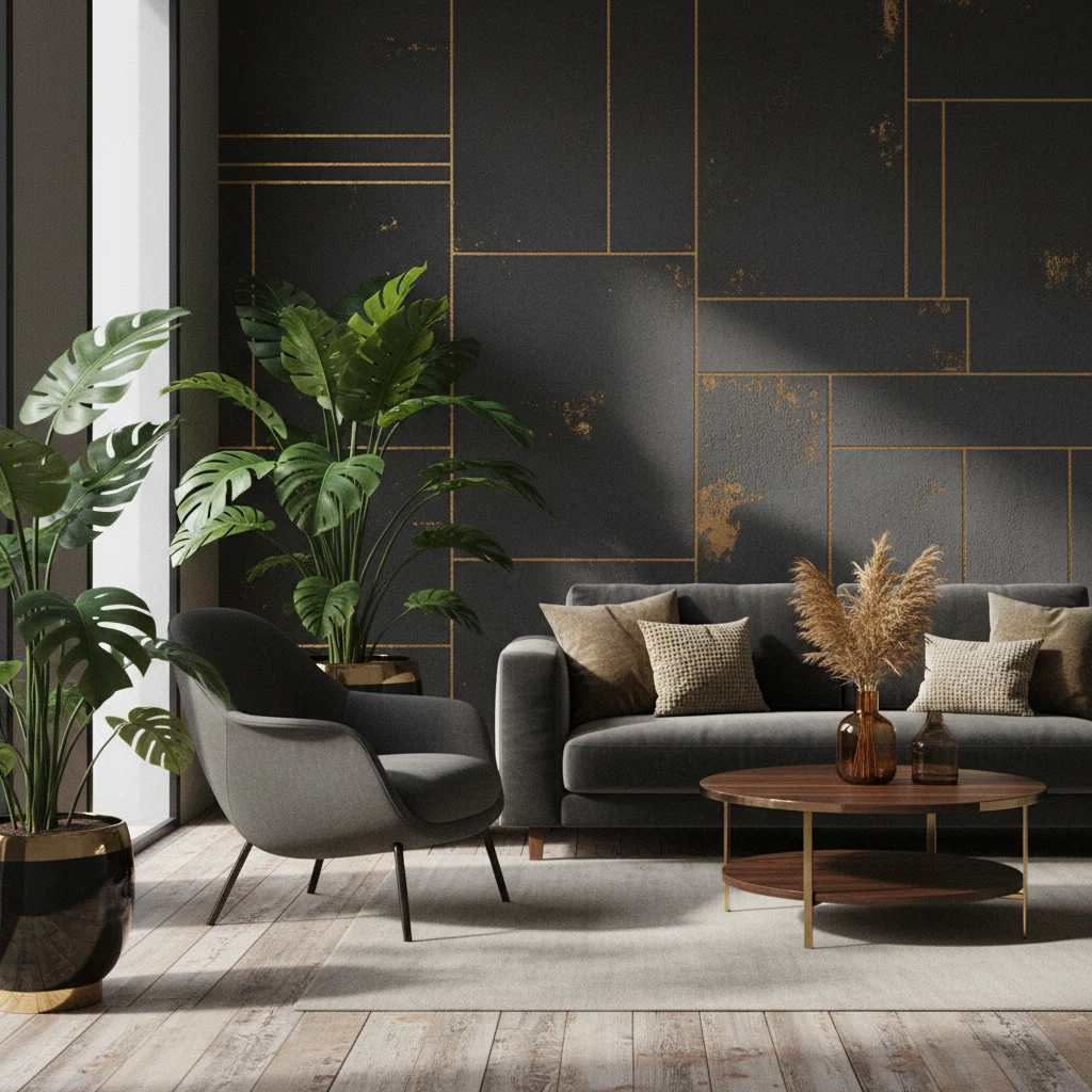 Een minimalistische hoek met een lage tafel, een theekop en een kaars in zacht avondlicht