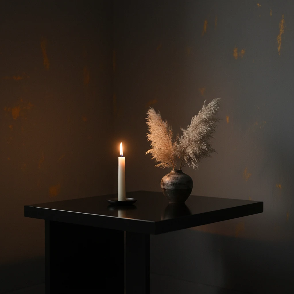 Minimalistisch interieur met een kaars en een kleine vaas met droogbloemen op een zwart blad